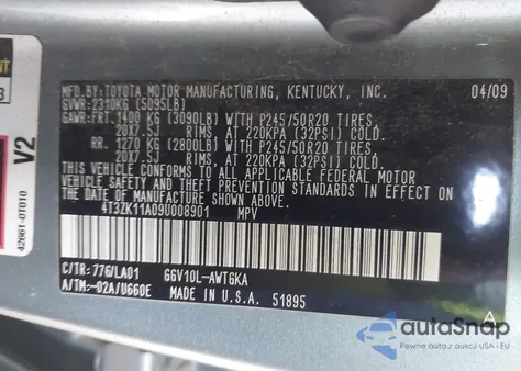 2009 Toyota Venza Base V6 z USA, uszkodzony, nr VIN 4T3ZK11A09U008901